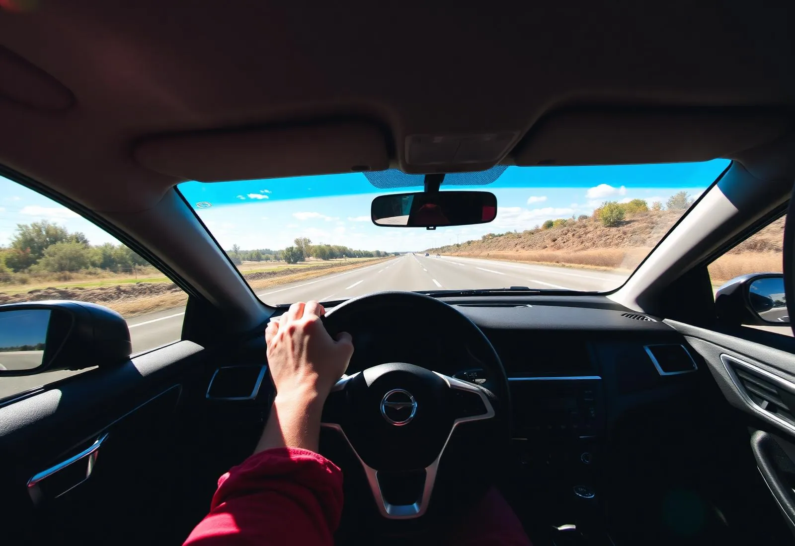 Driver's hands on a steering wheel on an open road