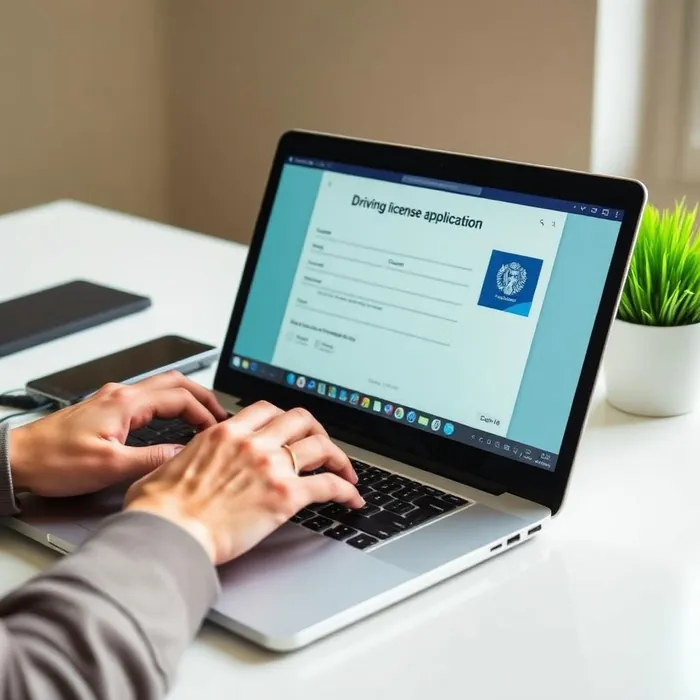 Person filling out an online driver's license application on a laptop